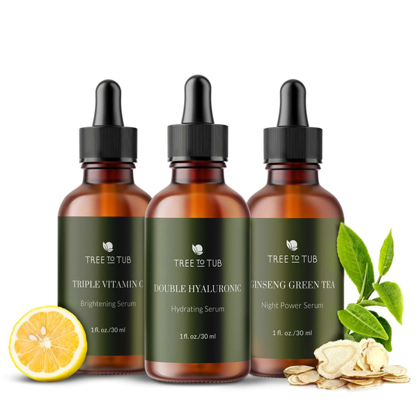 Three deep hydrating serums for face. Ginseng green tea retinol night serum, triple vitamin C serum & double hyaluronic acid serum.
