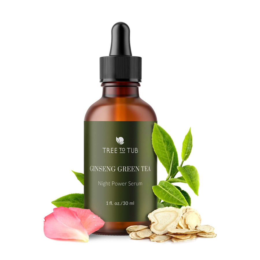 Anti Aging Serum amber bottle with a green label, on white background with rose petals, green tea leaves and ginseng garnishes