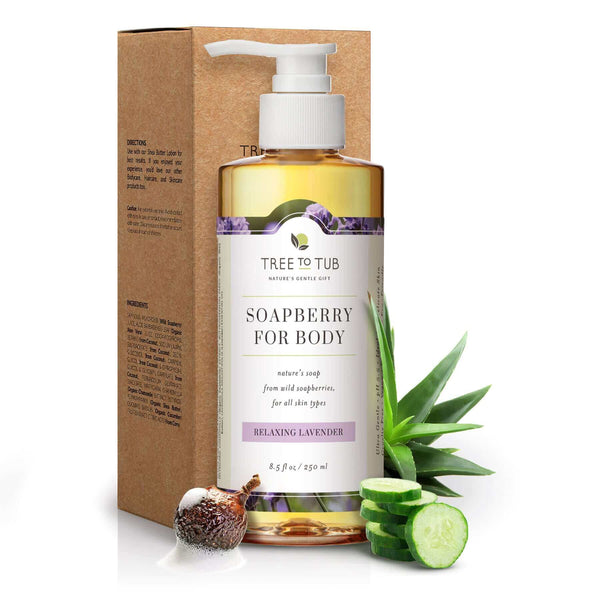 8.5 fl oz bottle of lavender body wash for sensitive skin, around it are soapberry, cucumber and aloe vera garnishes. Made with soapberry & other soothing botanicals. 