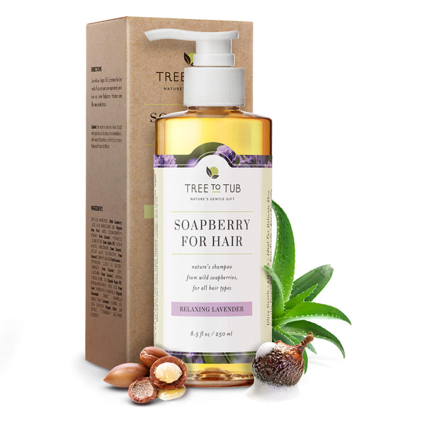 8.5 fl oz bottle of lavender shampoo for sensitive scalp. Made with soapberry & other soothing botanicals.