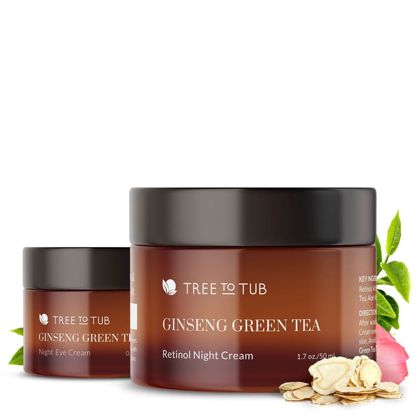 Night & eye ginseng green tea creams with retinol in 1.7 oz tubs. Loaded with powerful yet soothing botanical extracts and vitamins.
