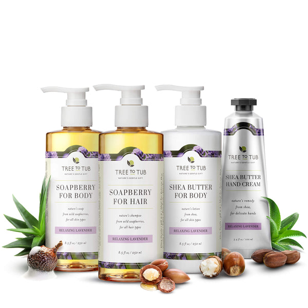 Lavender skincare & hair care set with four 8.5 fl oz bottles. Loaded with soothing botanicals and perfect for sensitive skin.