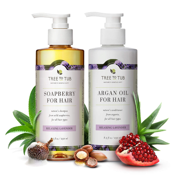 Lavender shampoo and conditioner for sensitive scalp set. Made with soapberry, argan oil & other soothing botanicals.