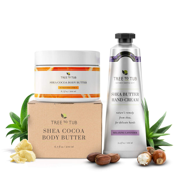 Shea & cocoa butter cream set for body and hands. Loaded with soothing botanicals and perfect for sensitive skin.