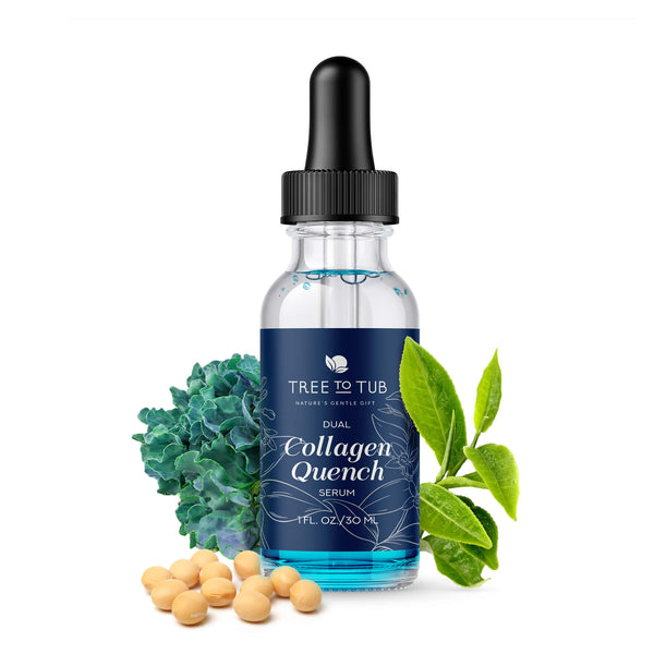Vegan Collagen Quench Dual Serum with Hyaluronic Acid glass bottle, around it are Soy, Sea Kale, and Green Tea leaves against a white background.