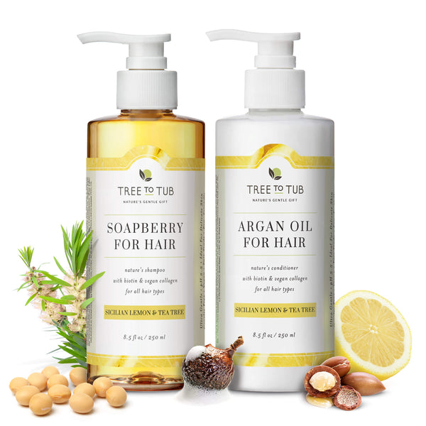 Biotin and collagen vegan shampoo and conditioner for sensitive scalp set. Made with soapberry, argan oil & other soothing botanicals.